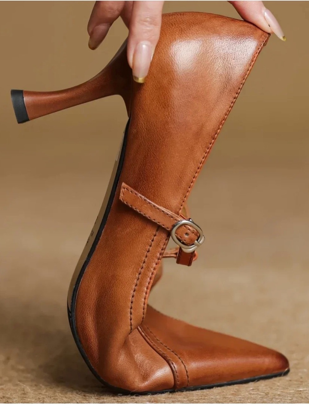 Handmade T-Strap Pointed Toe Heels in Brown - Picture 11 of 13